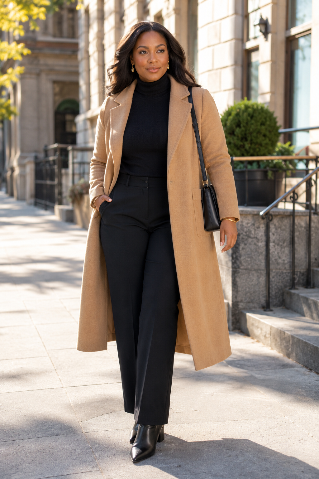Stylish woman in fall office outfit walking on city street.