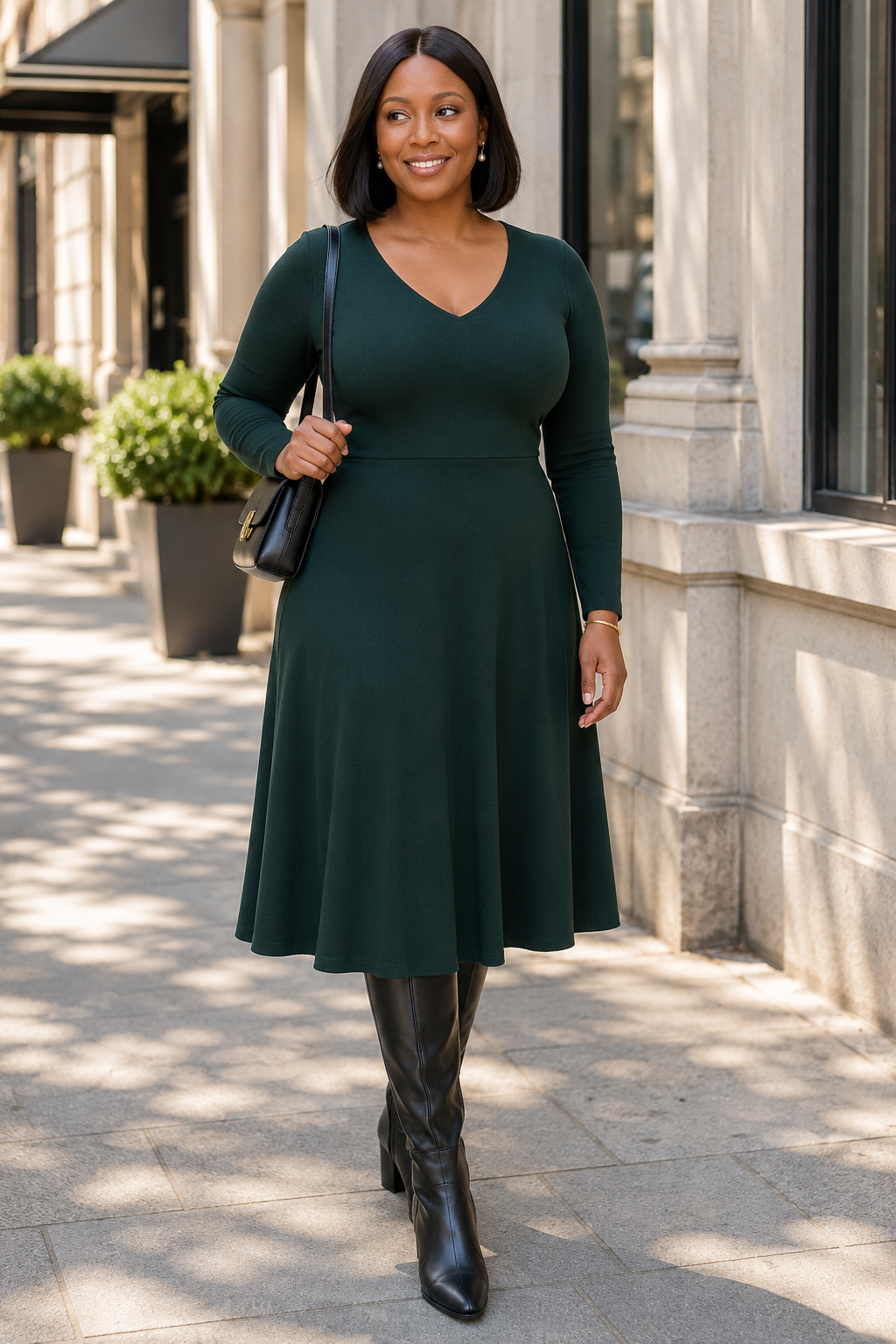 Elegant woman in dark green dress and knee-high boots on city street.