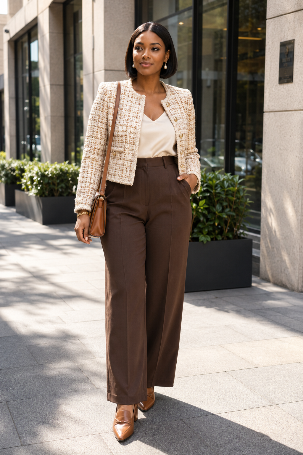 Elegant fall work outfit featuring a beige blazer and brown wide-leg trousers.