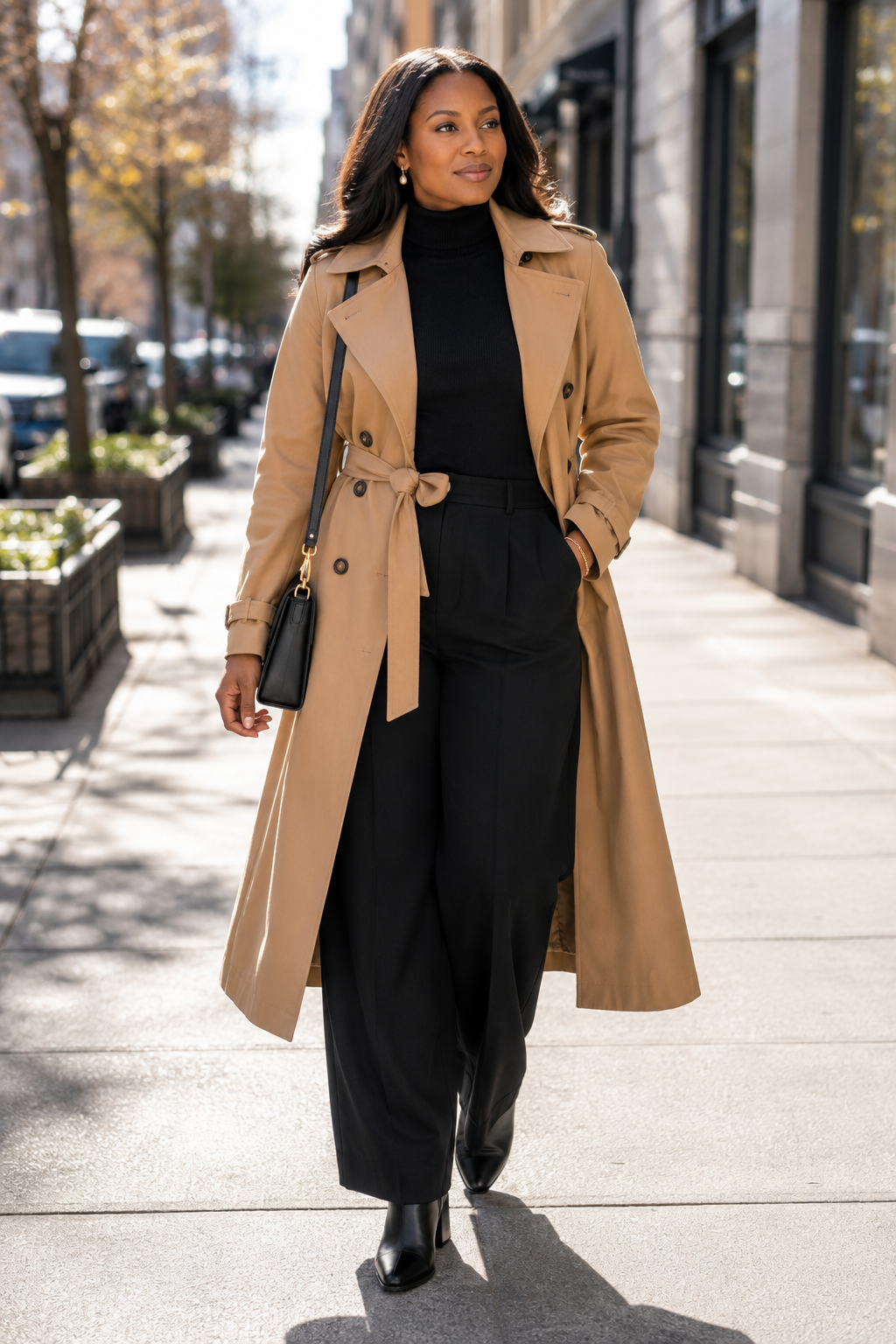Stylish woman in a tan trench coat and black outfit walking on city sidewalk.