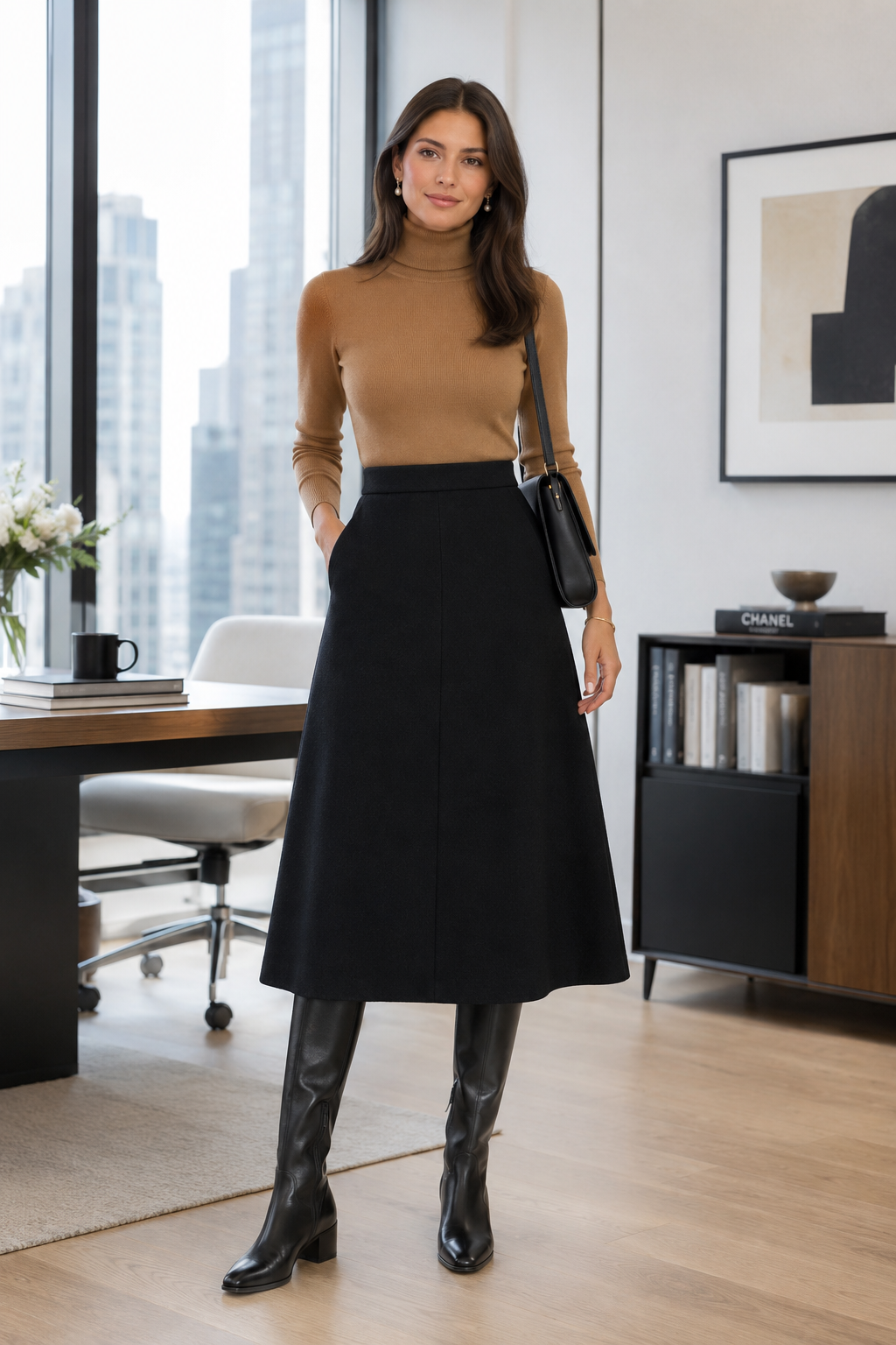 Chic fall office outfit with a camel turtleneck and black midi skirt for women.