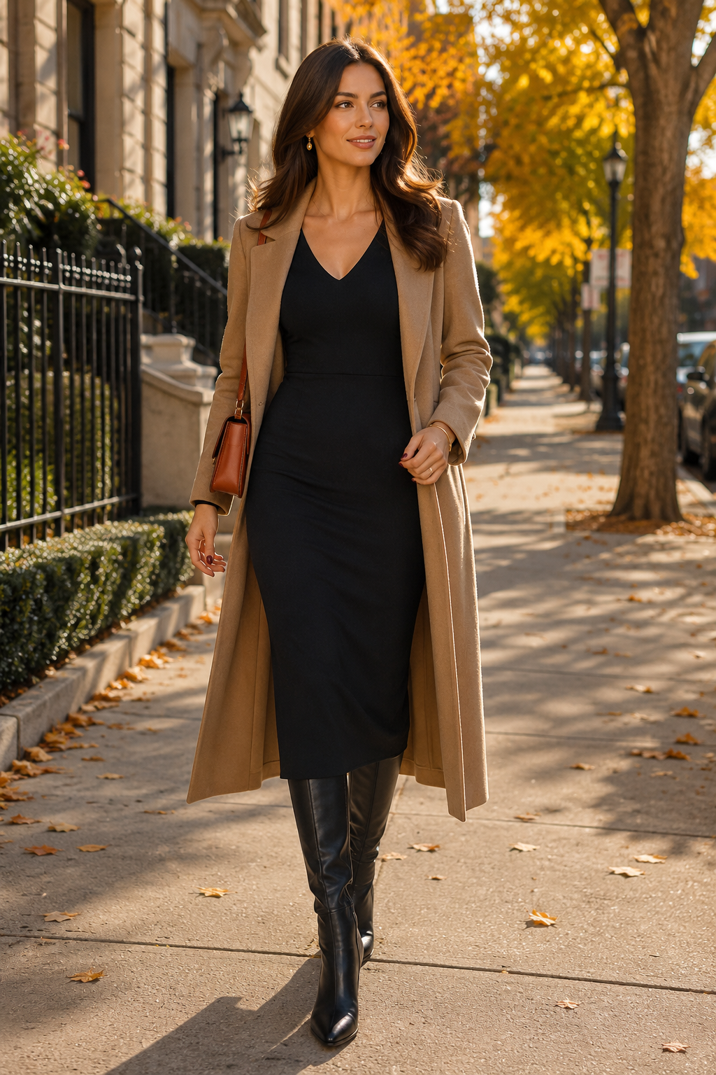 Elegant woman in fall outfit with camel coat and black dress walking on city sidewalk.