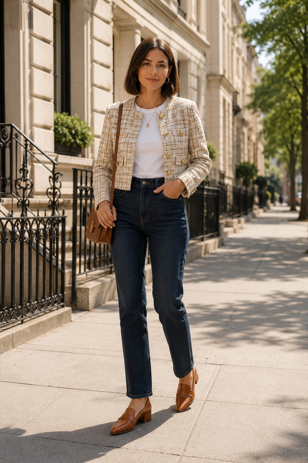 Chic fall outfit for women with a plaid blazer, white top, dark jeans, and ankle boots.