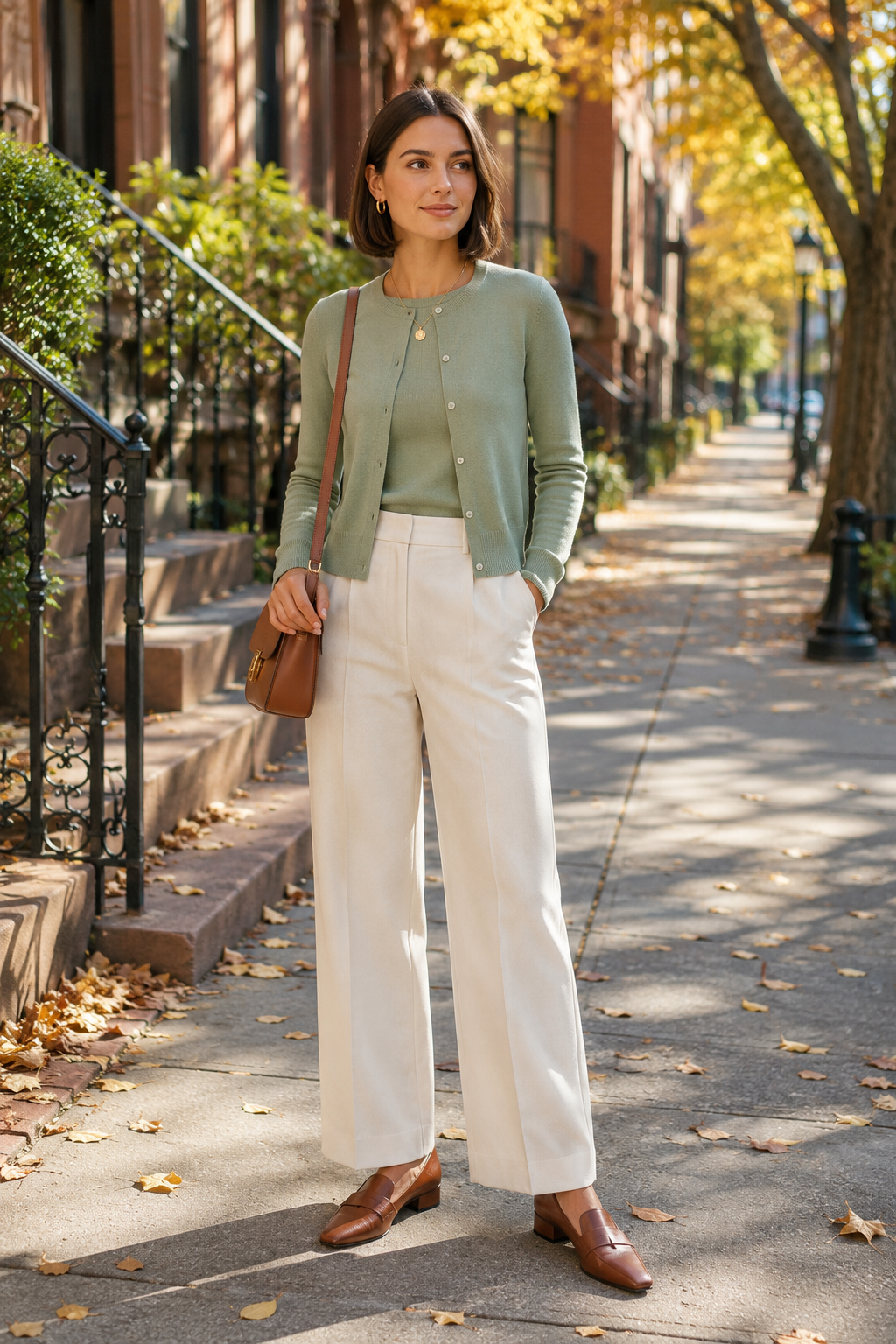 Chic woman in pastel cardigan and wide-leg pants on autumn city sidewalk.