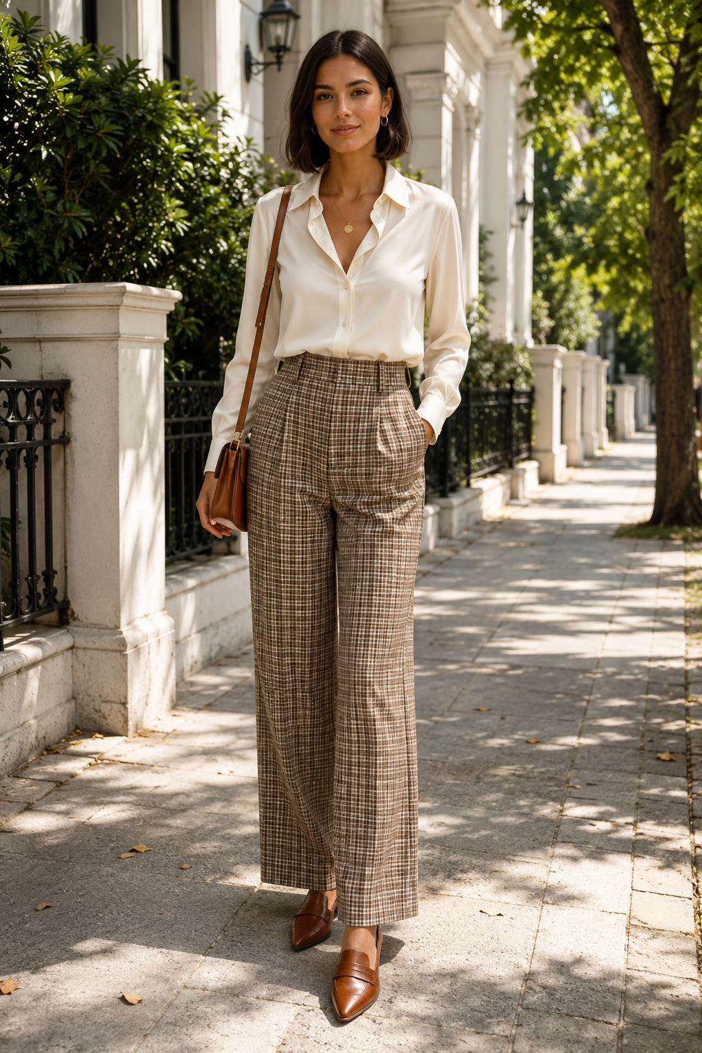 Chic woman in fall outfit with plaid trousers and white blouse on city sidewalk.