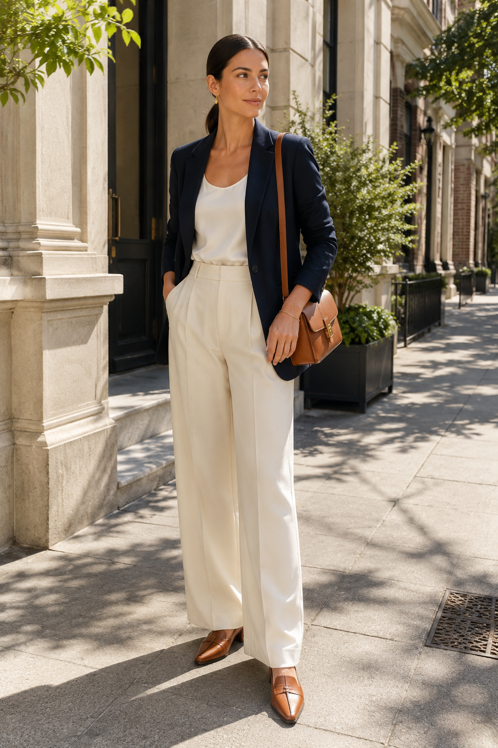 Chic woman in fall outfit with blazer and wide-leg trousers on city street.