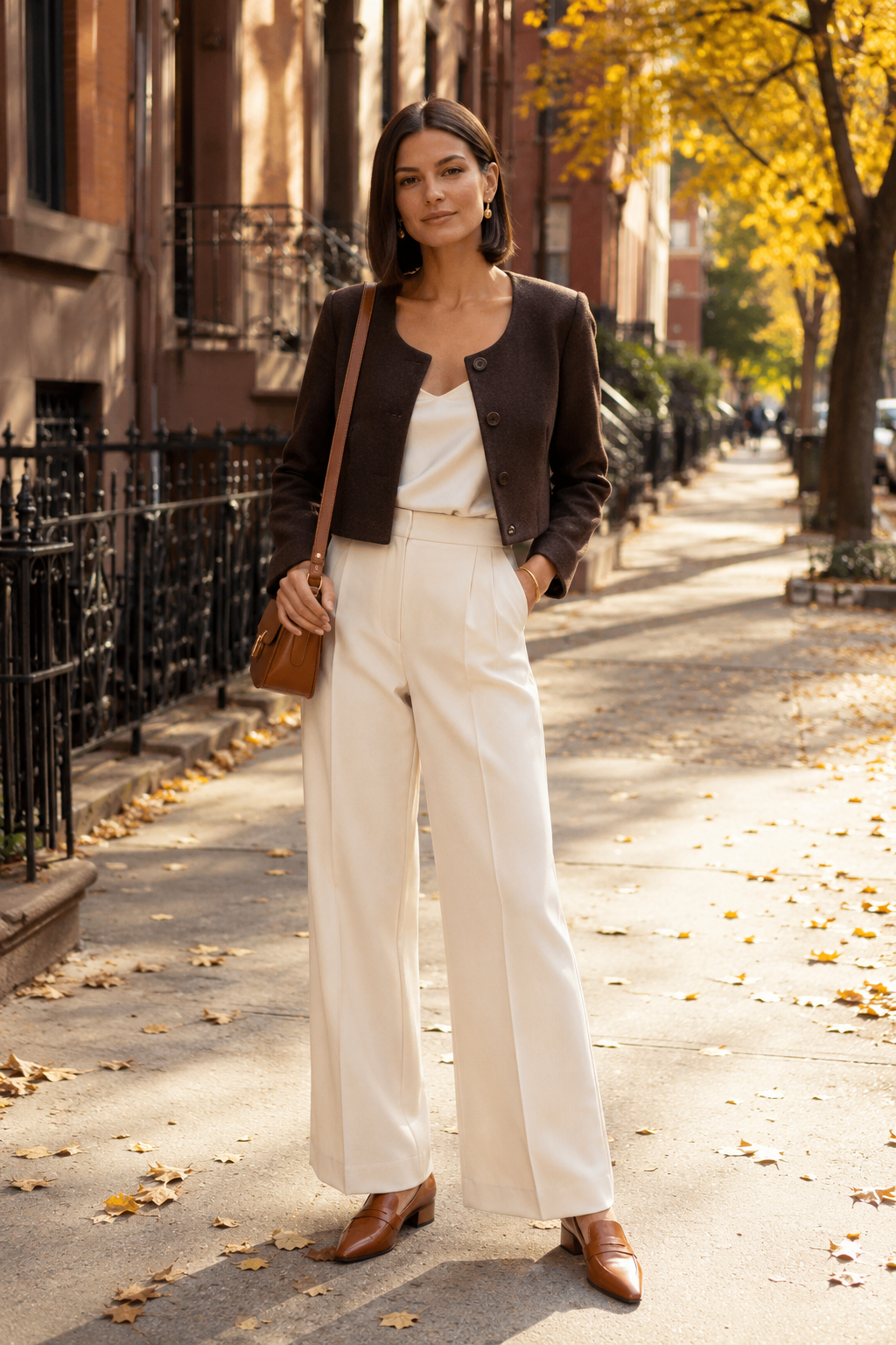 Chic fall outfit featuring a brown jacket, white blouse, and wide-leg cream pants on a city sidewalk.