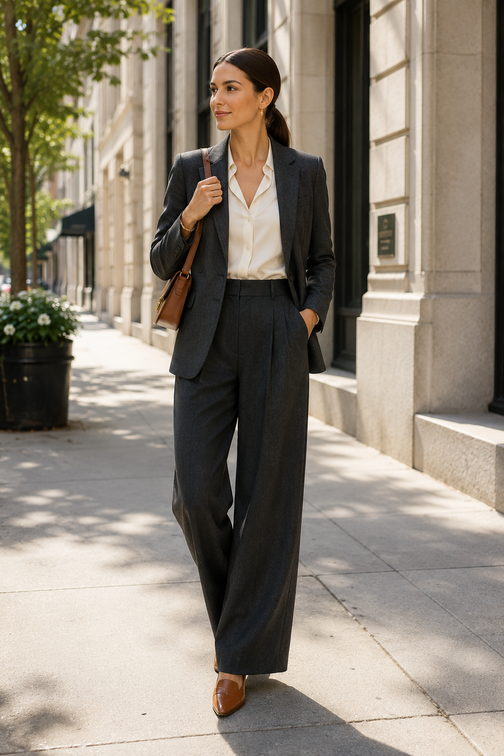 Elegant woman in a tailored black suit walking on city sidewalk.