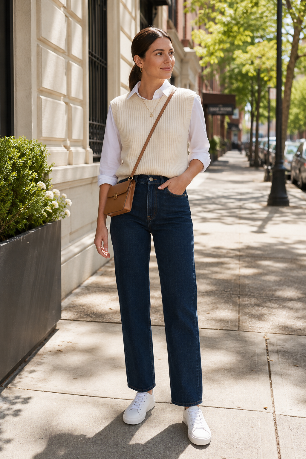 Casual fall outfit for women with white shirt, cream vest, jeans, and sneakers on city sidewalk.