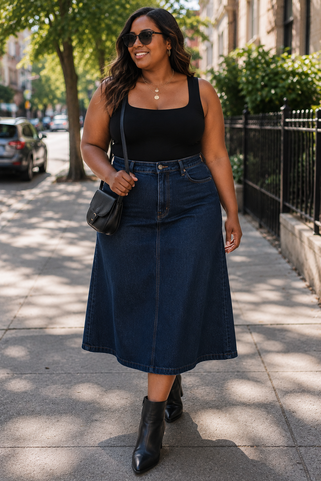 Plus size woman in black tank top and denim skirt walking on city sidewalk.