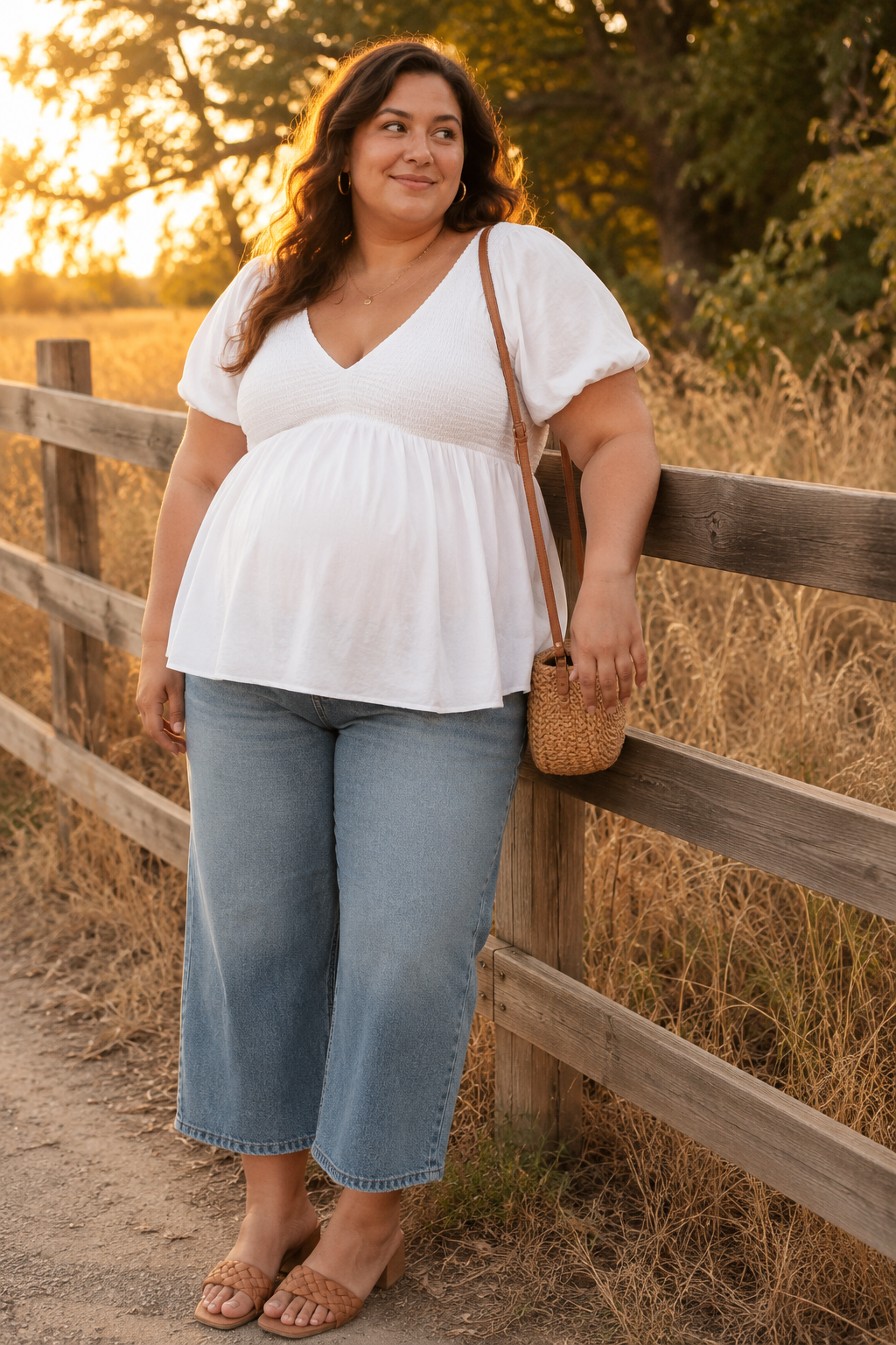 Plus size woman in white top and jeans enjoying outdoor sunset scene.