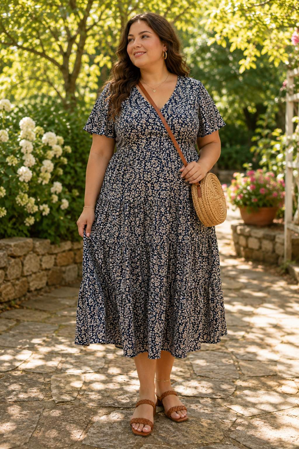 Plus size woman in a floral dress with a crossbody bag outdoors.