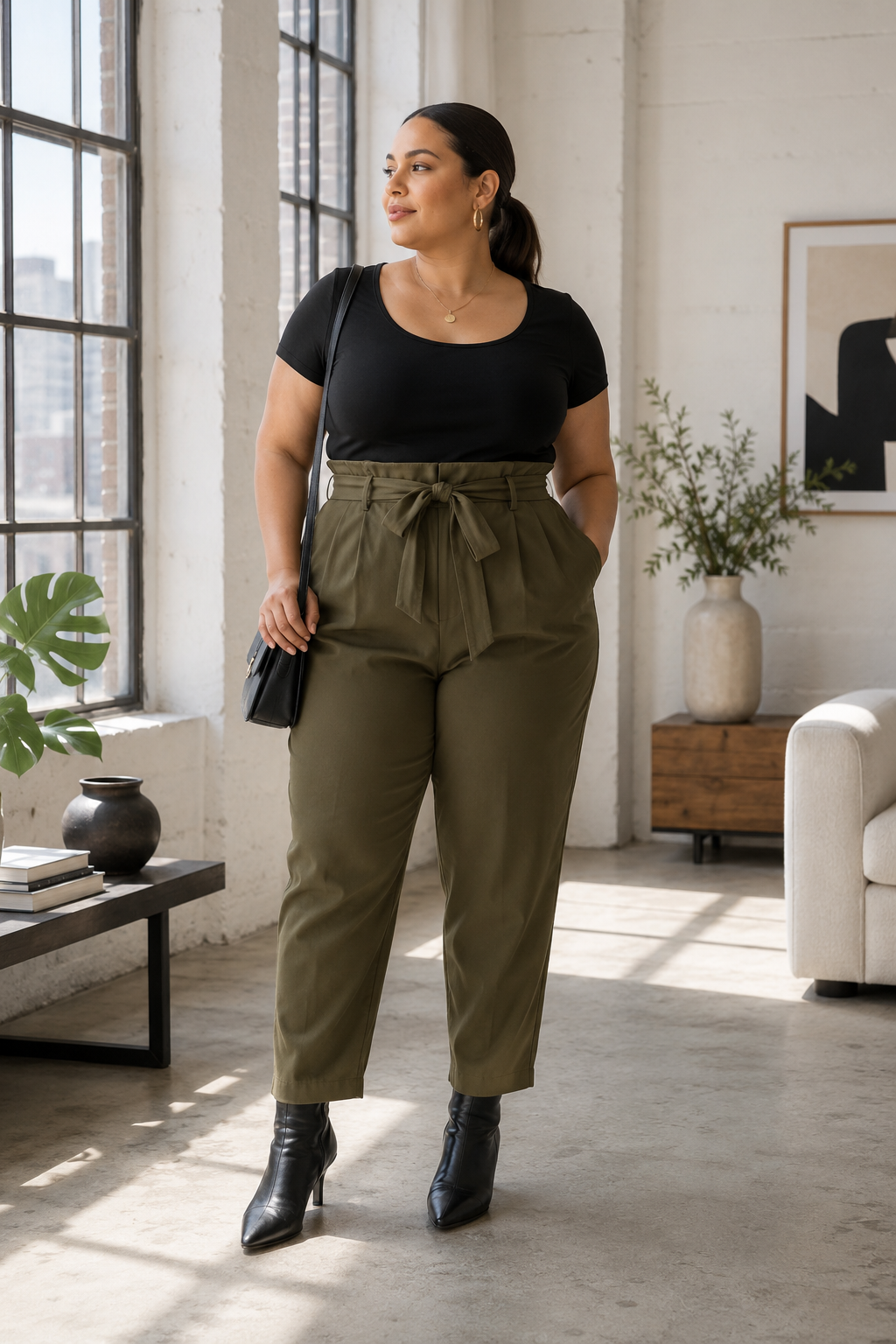 Plus size woman in black top and olive green pants in bright loft space.
