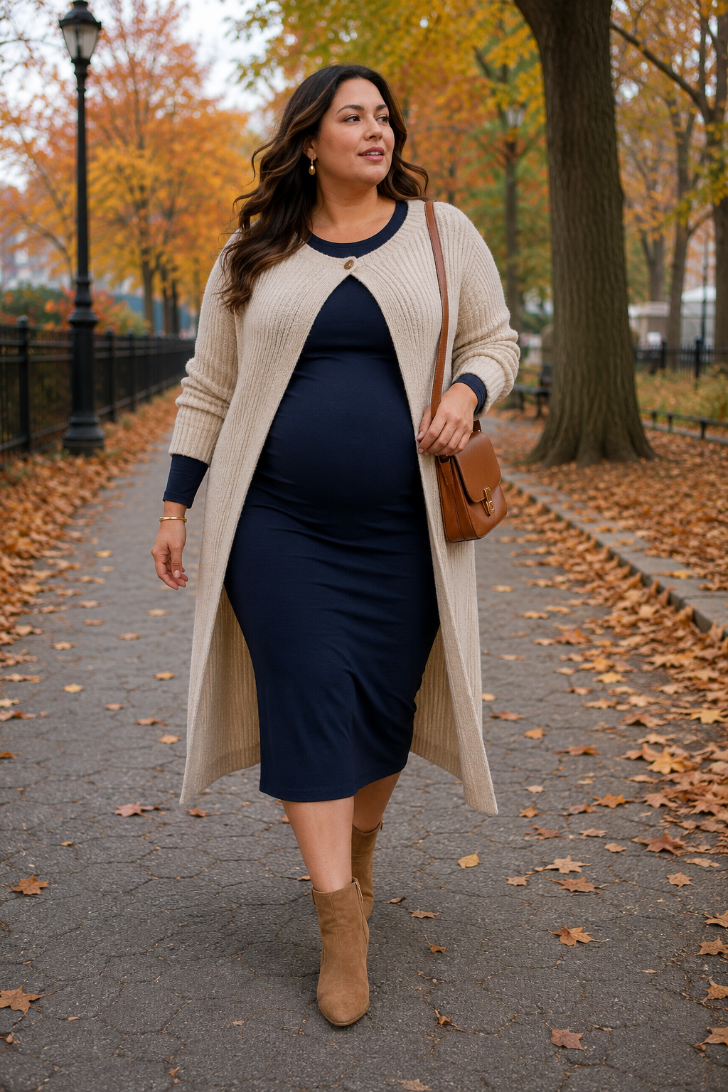 Plus size woman in fall outfit walking in park with autumn leaves.