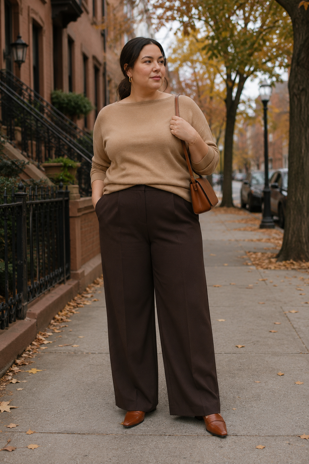 Plus size woman in beige sweater and wide-leg pants on autumn city sidewalk.